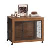 38.6" Dog Crate Furniture With Lockable Wheels Heavy Duty Wooden Dog Kennel With 2 Doors Steel Metal Pet Cage End Table Brown Indoor Dog House For Med