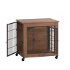 27.2" Dog Crate Furniture With Lockable Wheels Heavy Duty Wooden Dog Kennel With 2 Doors Steel Metal Pet Cage End Table Brown Indoor Dog House For Sma